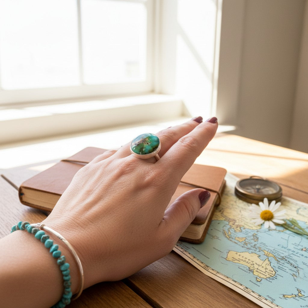 Wildflower Artisans sterling silver ring featuring a round Sonoran Mountain turquoise cabochon on a woman's hand.
