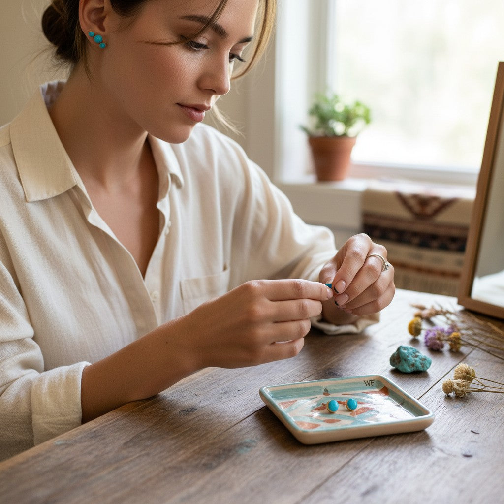 Woman wearing Wildflower Artisans turquoise stud earrings, with matching turquoise jewelry on a ceramic tray.