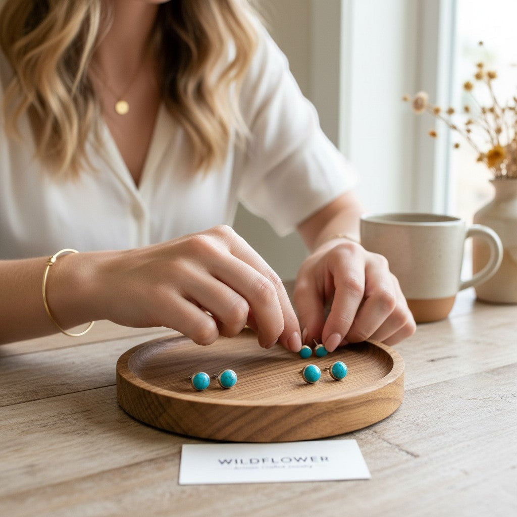 Wildflower Artisans turquoise stud earrings in various sizes displayed on a wooden tray by a woman.