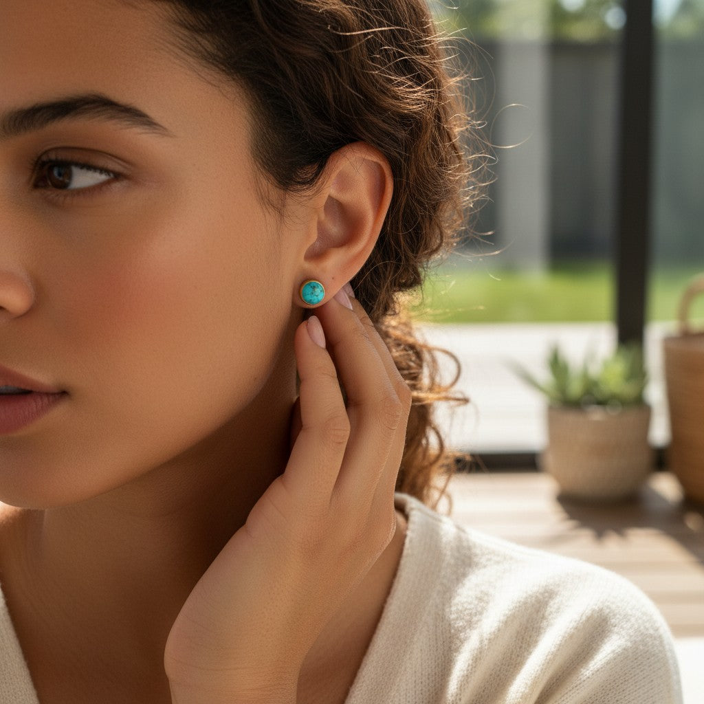 Woman wearing Wildflower Artisans turquoise stud earrings in sterling silver, styled for a Southwestern look.