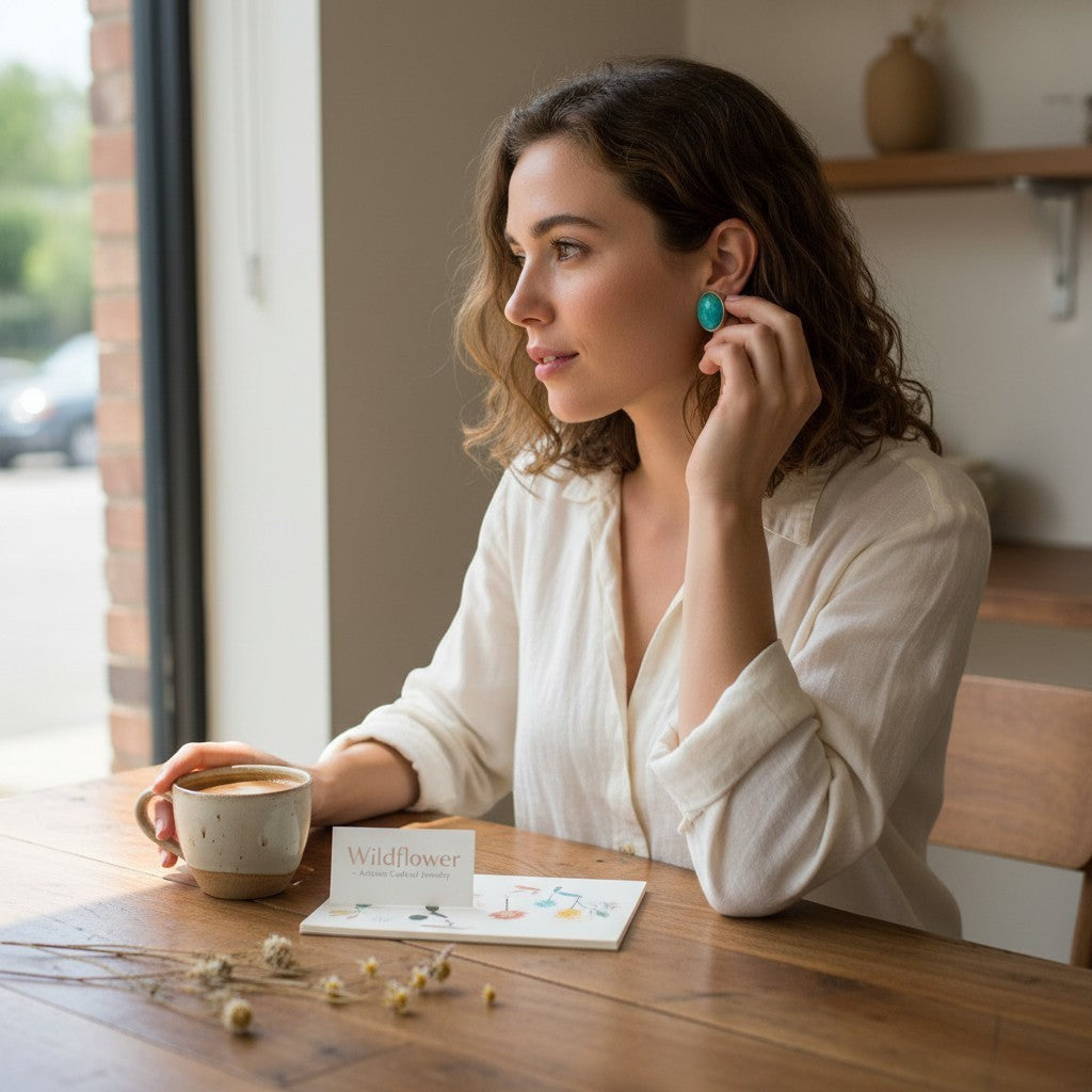 Woman wearing Wildflower Artisans oval green turquoise stud earrings in sterling silver at a cafe table.