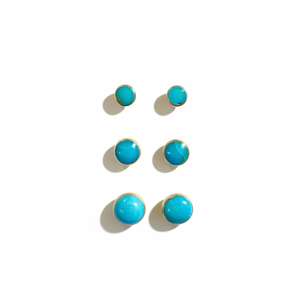 Wildflower Artisans turquoise stud earrings in sterling silver, available in 3mm, 4mm, and 5mm sizes.