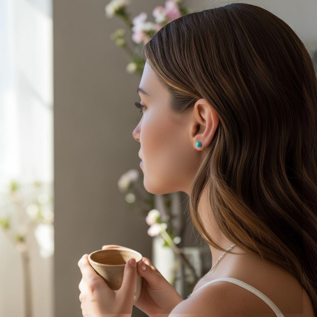 Wildflower Artisans turquoise stud earrings in sterling silver setting, worn by a woman holding a cup.