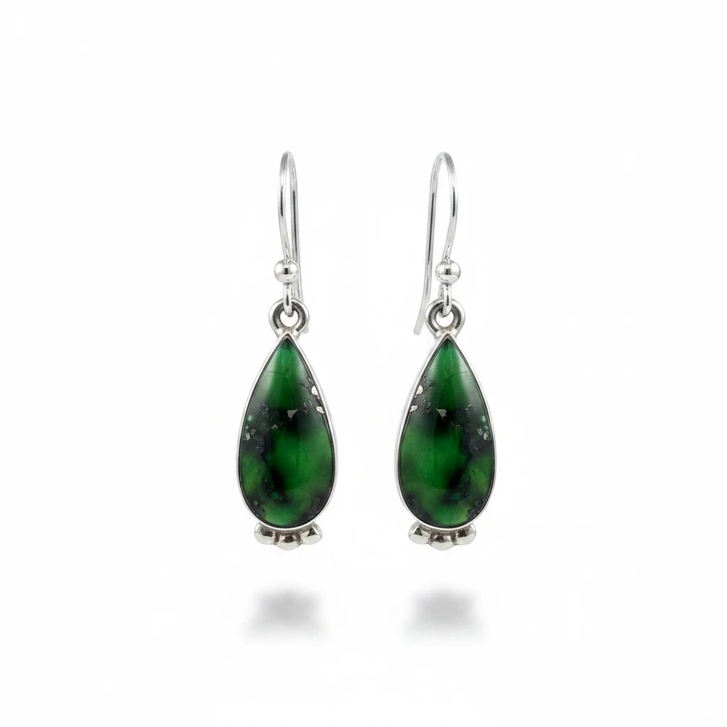 Wildflower Artisans teardrop earrings featuring deep green Sonoran Mountain turquoise with pyrite in sterling silver.