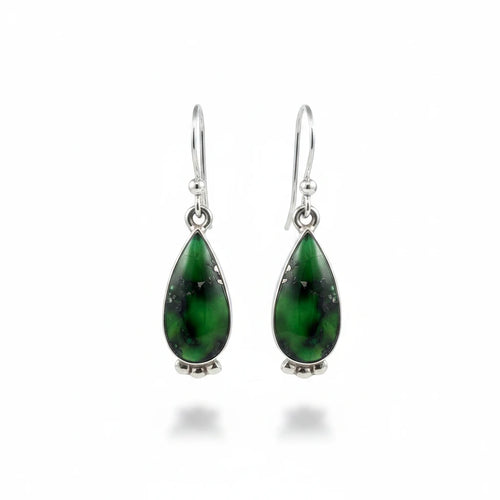 Wildflower Artisans teardrop earrings featuring deep green Sonoran Mountain turquoise with pyrite in sterling silver.