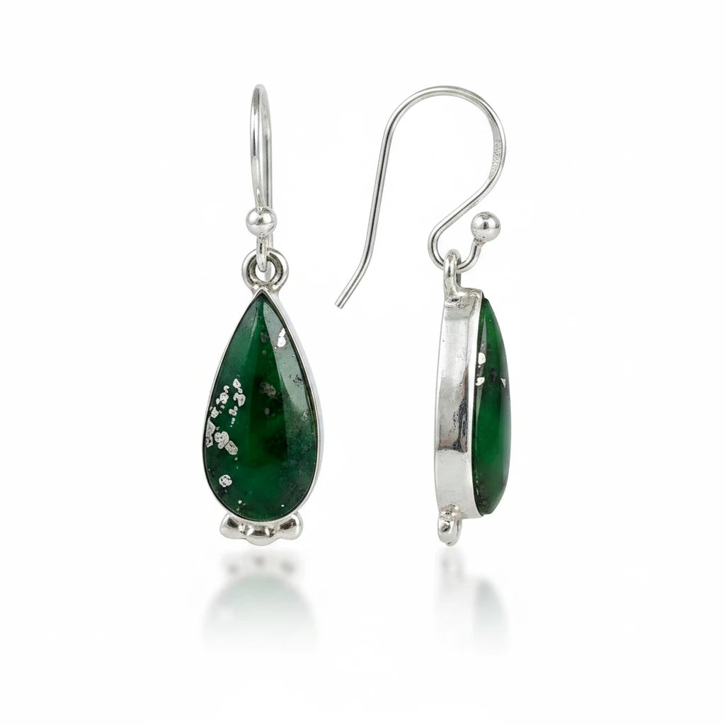 Wildflower Artisans Sonoran Mountain turquoise teardrop earrings in sterling silver with pyrite flecks and scalloped detail