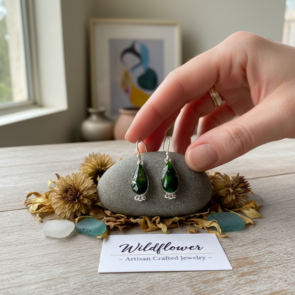 Wildflower Artisans Sonoran Mountain turquoise teardrop earrings in sterling silver held by a hand over a stone.