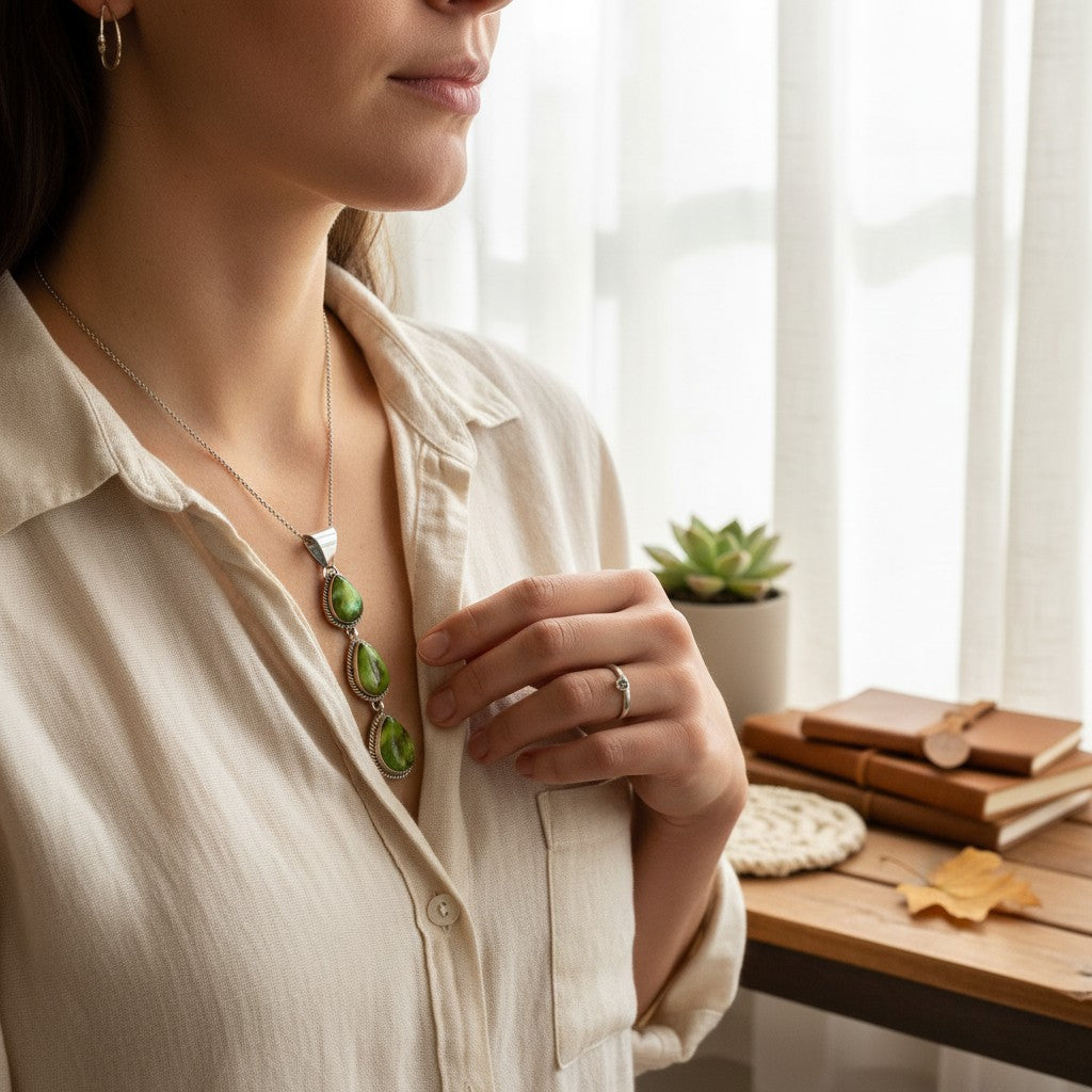 Wildflower Artisans C. Wylle sterling silver necklace featuring three graduated Sonoran Mountain turquoise teardrops.