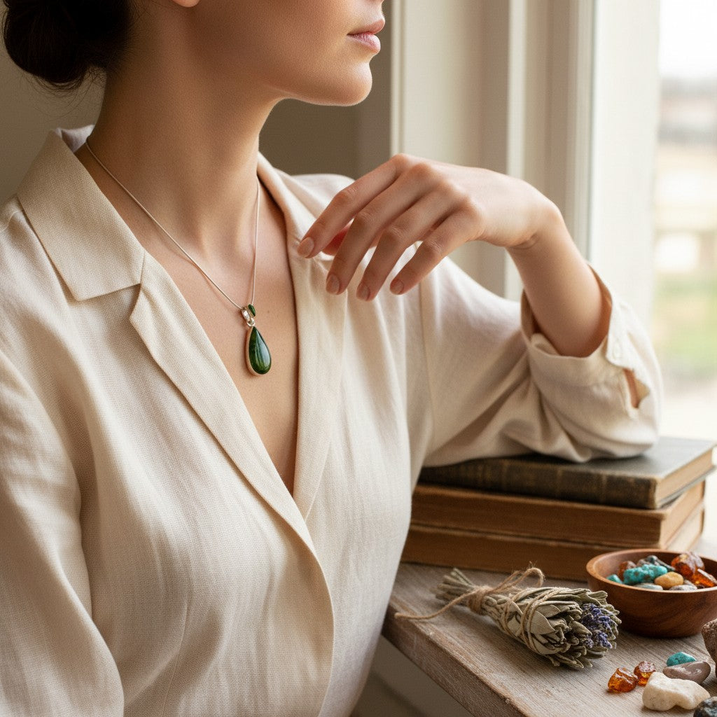Wildflower Artisans sterling silver teardrop pendant featuring a deep green Sonoran Mountain turquoise stone.