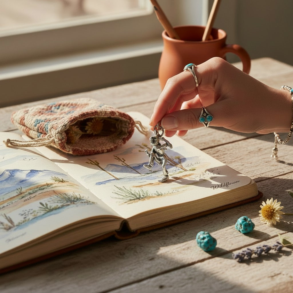 Wildflower Artisans vintage sterling silver dancer charm held by a hand wearing turquoise rings over a sketchbook.
