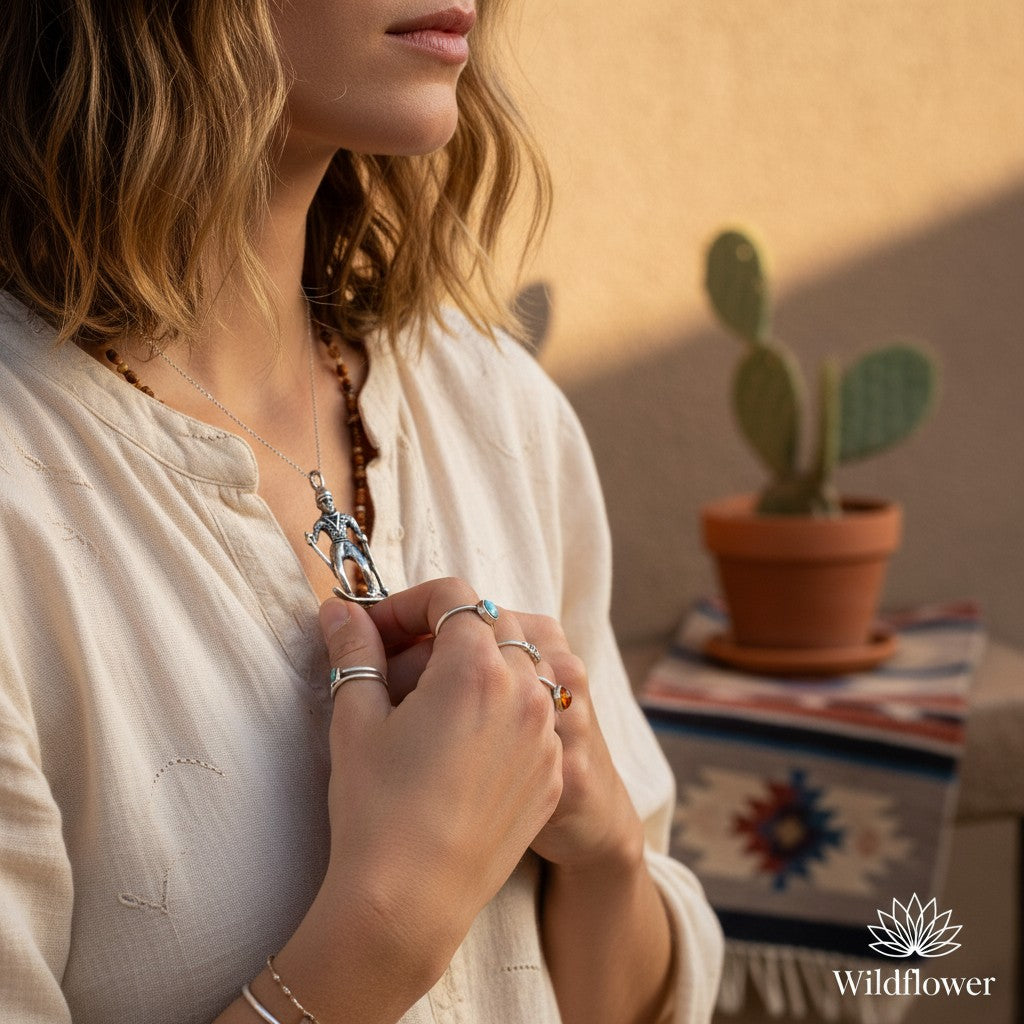 Wildflower Artisans vintage sterling silver skier charm necklace worn by a woman in a cream linen top