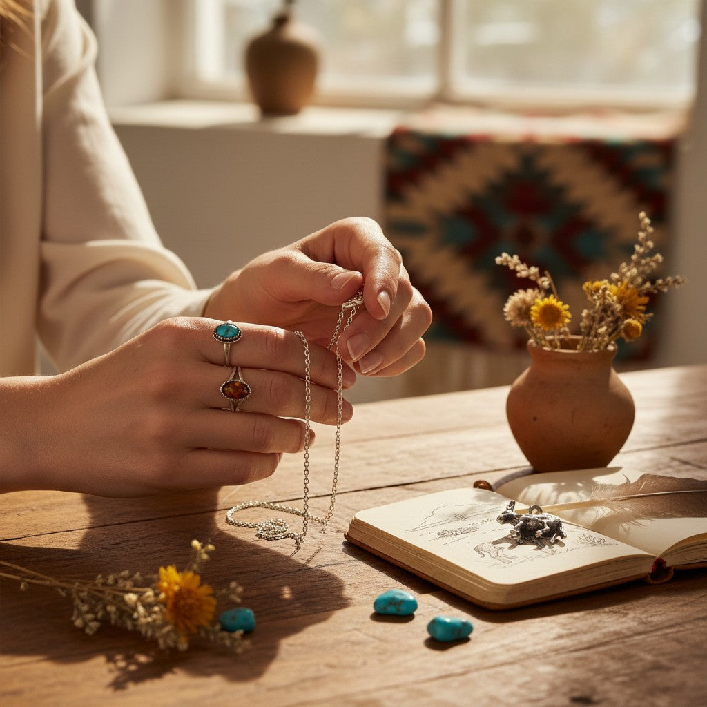 Wildflower Artisans vintage sterling silver burro charm on original Maisel's card displayed on a rustic wooden table.