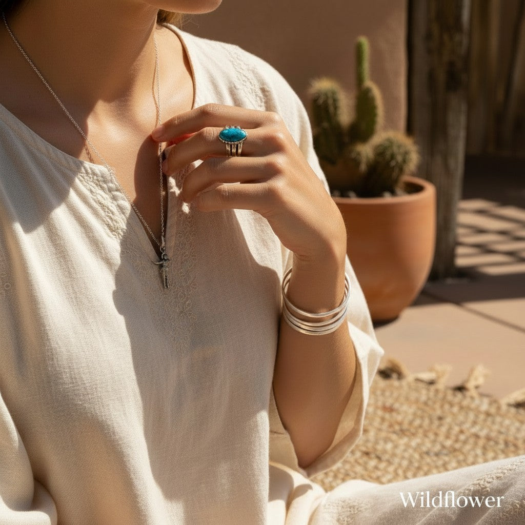 Wildflower Artisans vintage sterling silver figure charm necklace worn by a woman in a cream linen top with turquoise