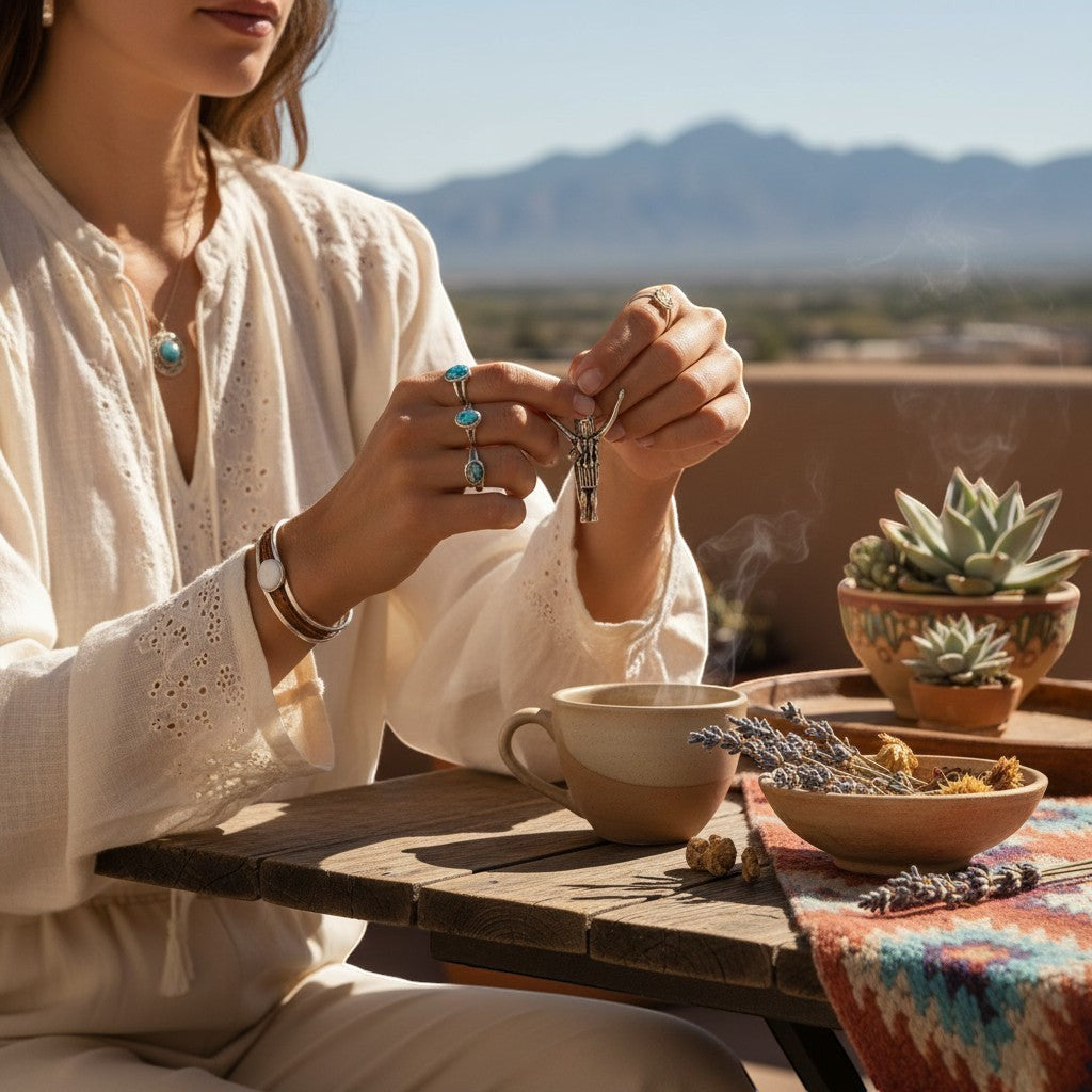 Wildflower Artisans vintage sterling silver Maisel's figure charm with arms raised, held by a woman on a sunny patio.