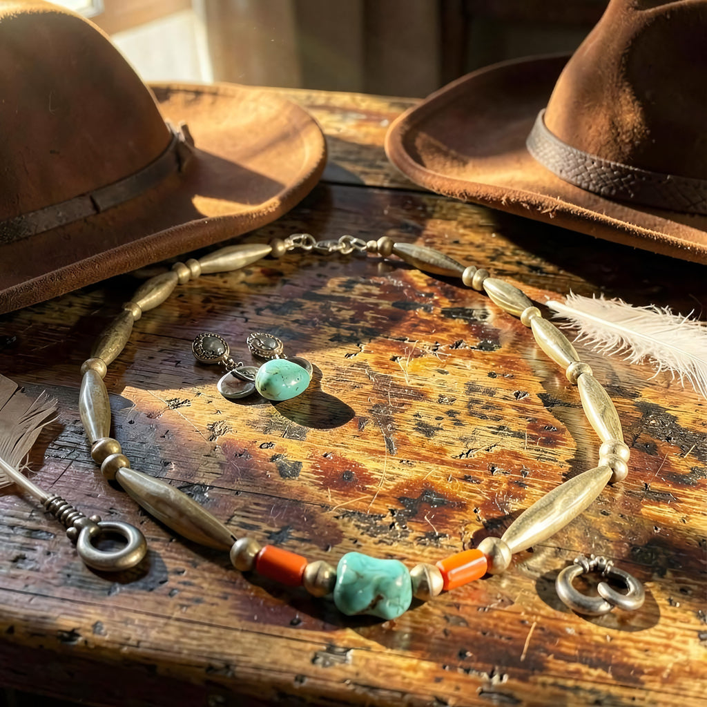 The necklace on a sunlit wood table with cowboy hats; ring, earrings and hats are props, not included