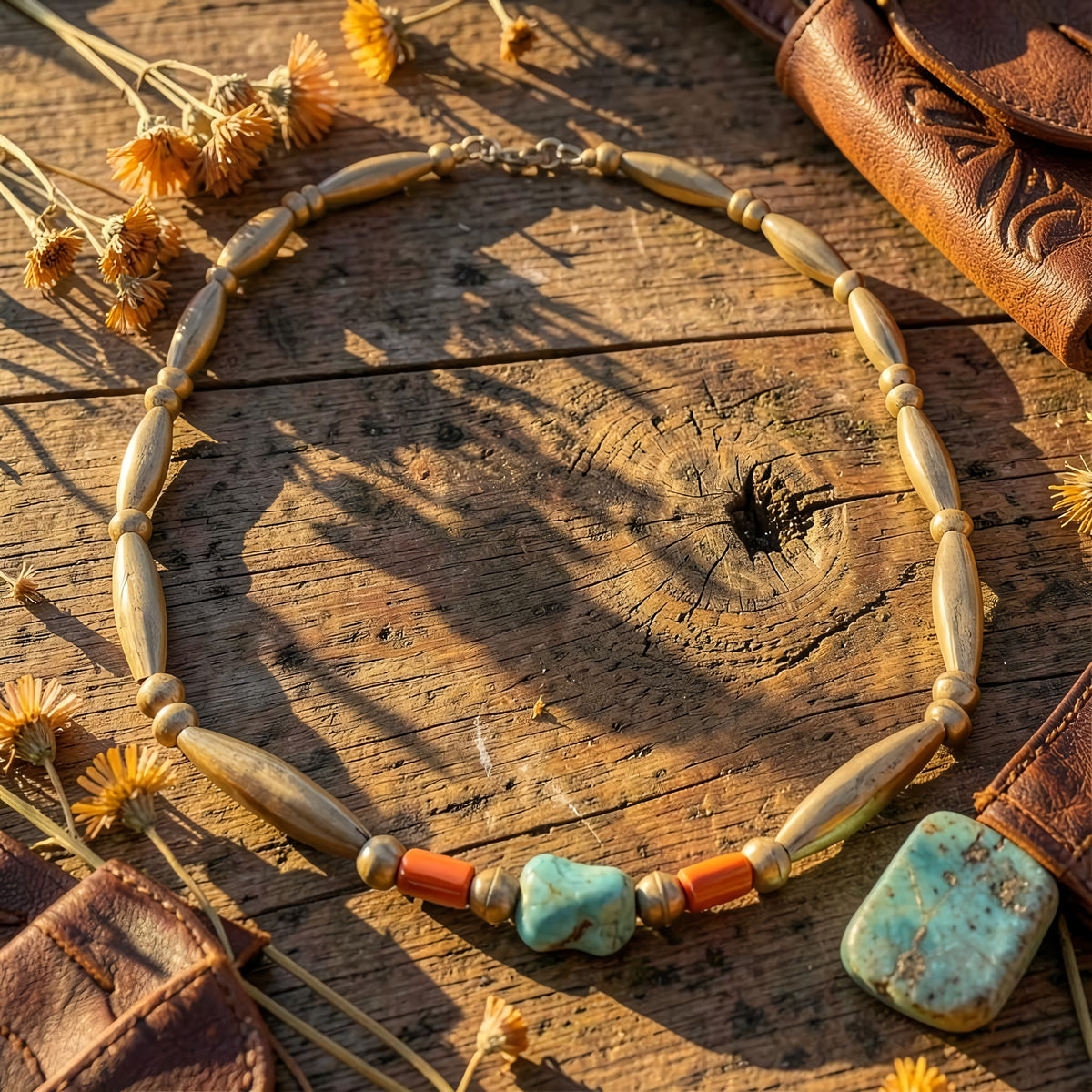 The vintage turquoise and coral sterling necklace on weathered wood with dried wildflowers; loose stone and leather are props, not included