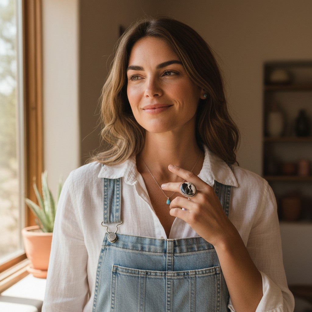 Woman wearing a Wildflower Artisans sterling silver White Buffalo ring and leaf earrings in a Southwest style.