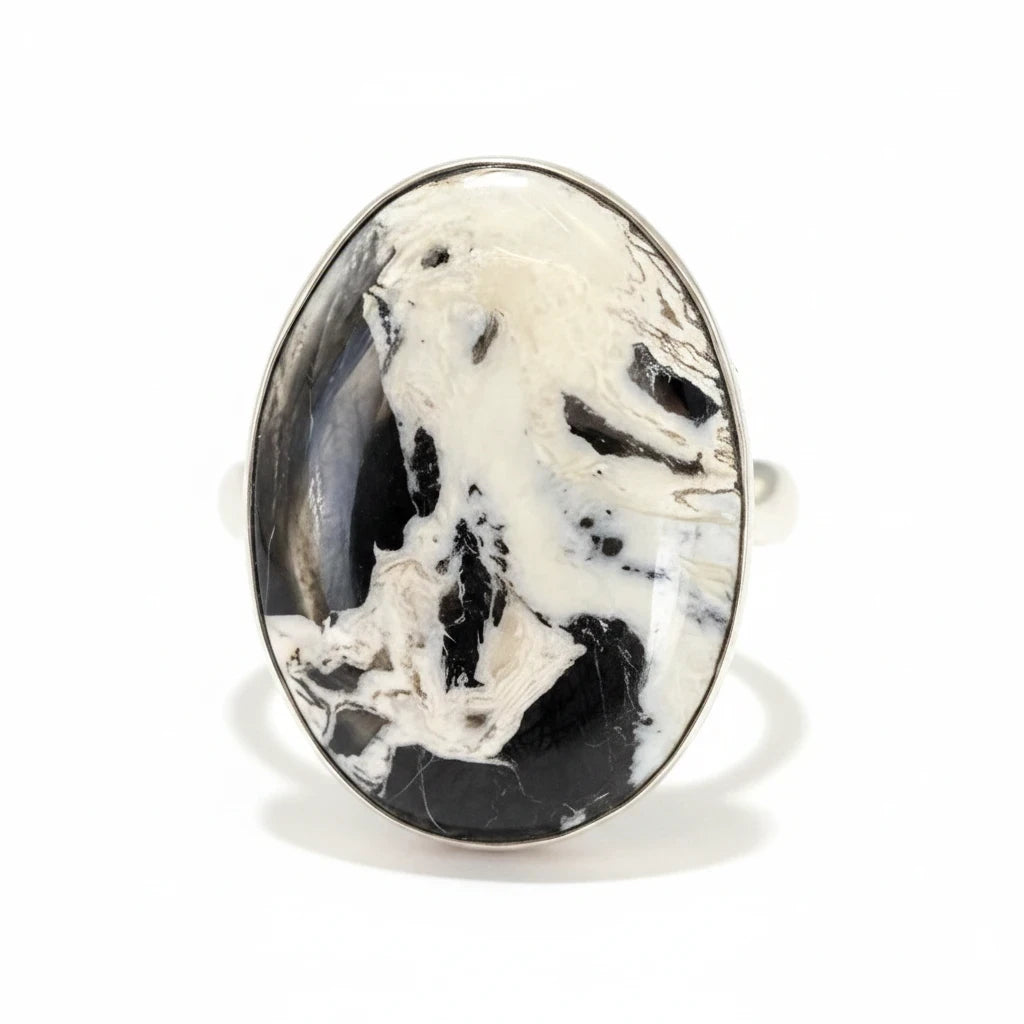 Wildflower Artisans oval White Buffalo stone ring in sterling silver with a high-contrast black and white matrix