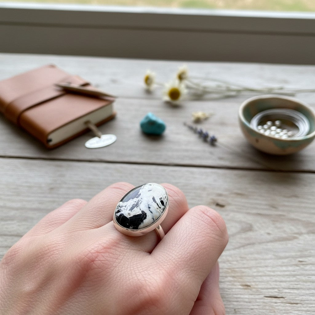 Wildflower Artisans sterling silver ring featuring an oval White Buffalo stone with black matrix on a hand.
