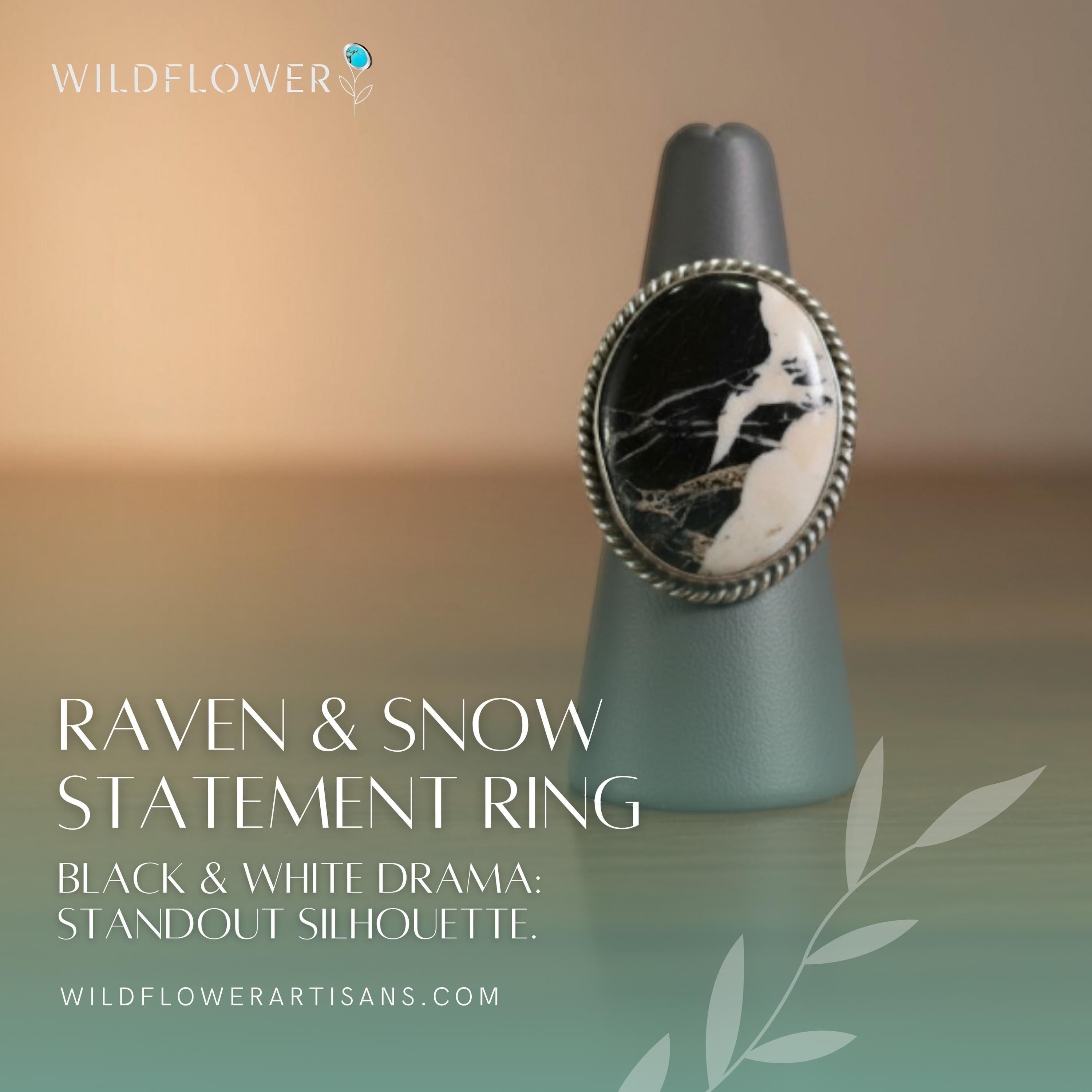 Wildflower Artisans Raven & Snow statement ring featuring a black and white buffalo stone in a twisted sterling setting