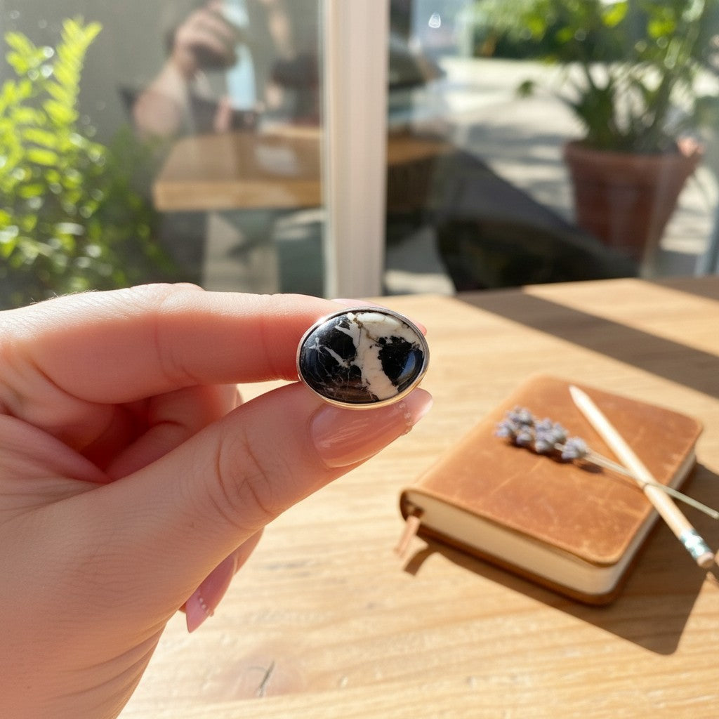 Wildflower Artisans sterling silver ring featuring a natural oval White Buffalo stone with charcoal veining.