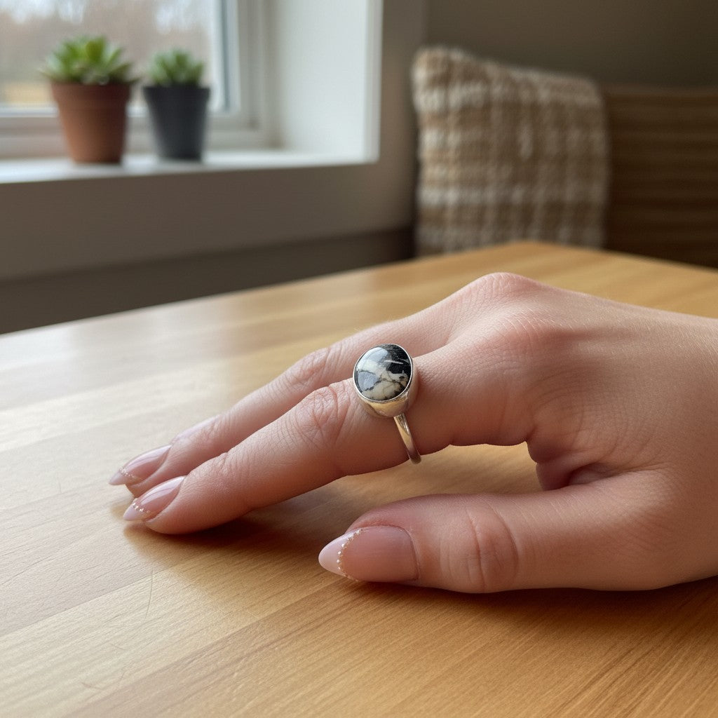 Wildflower Artisans sterling silver ring featuring a natural White Buffalo stone with charcoal veining on a hand.