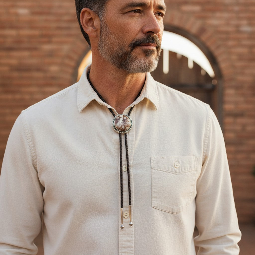 Man wearing a Wildflower Artisans sterling silver Wild Horse bolo tie with a braided leather cord and stone setting.