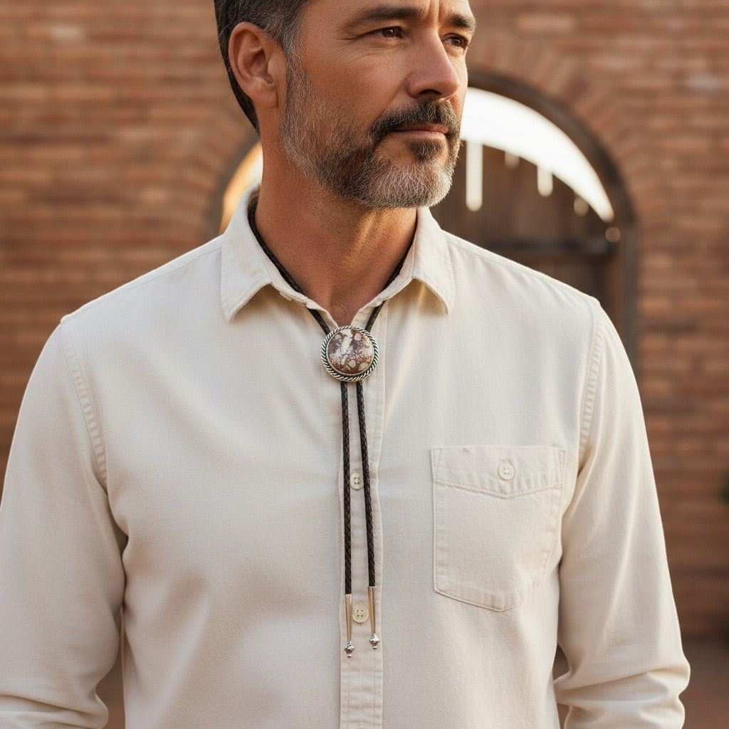 Man wearing a Wildflower Artisans sterling silver Wild Horse bolo tie with a braided leather cord and stone setting.