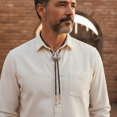 Man wearing a Wildflower Artisans sterling silver Wild Horse bolo tie with a braided leather cord and stone setting.