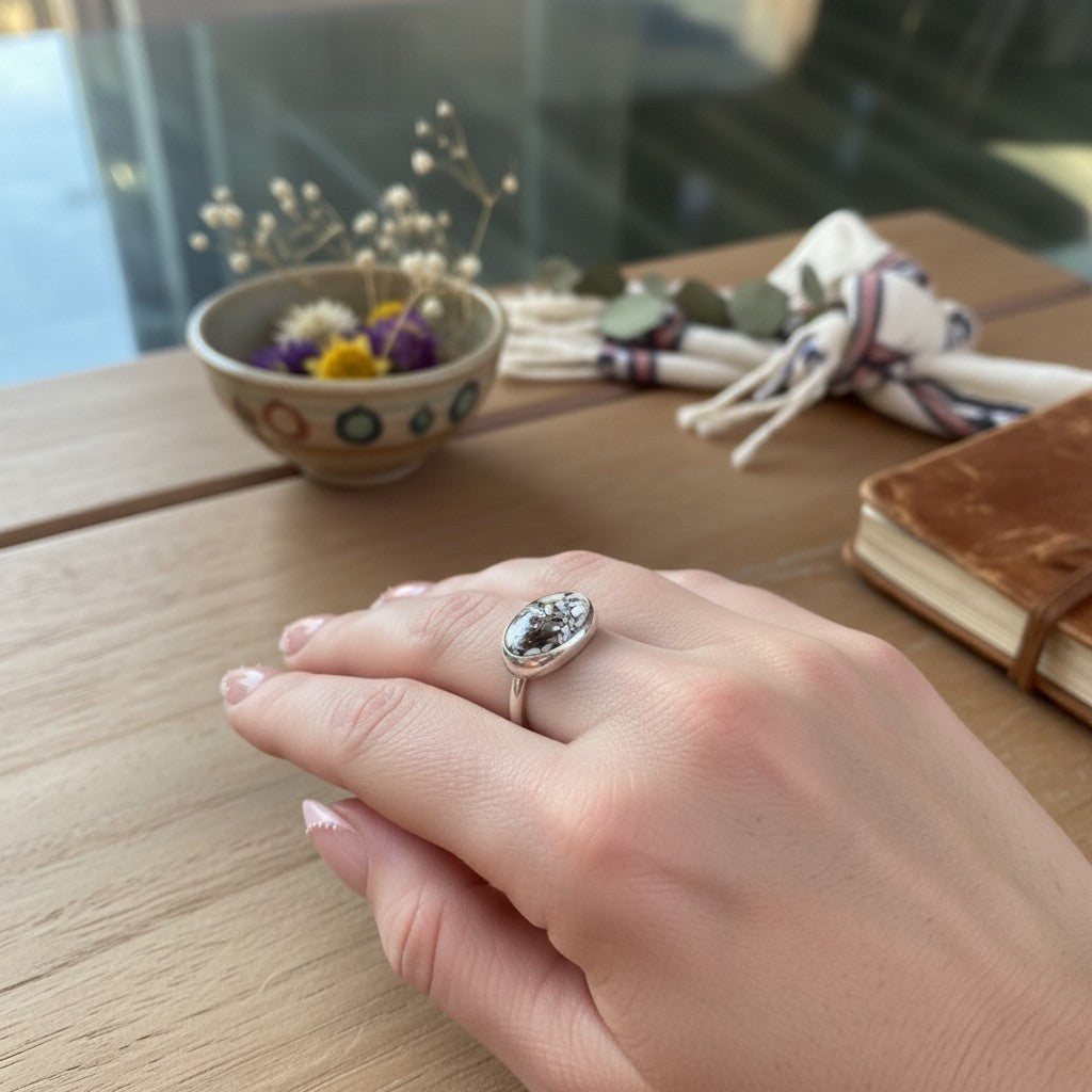 Wildflower Artisans sterling silver ring featuring a natural Wild Horse stone with rust and cream patterned cabochon.