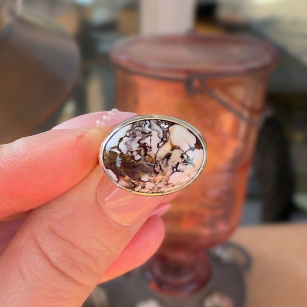 Wildflower Artisans sterling silver ring featuring a natural Wild Horse stone with rust and cream patterned cabochon.