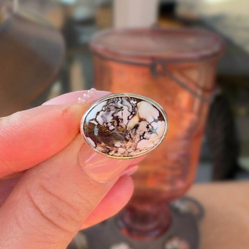 Wildflower Artisans sterling silver ring featuring a natural Wild Horse stone with rust and cream patterned cabochon.