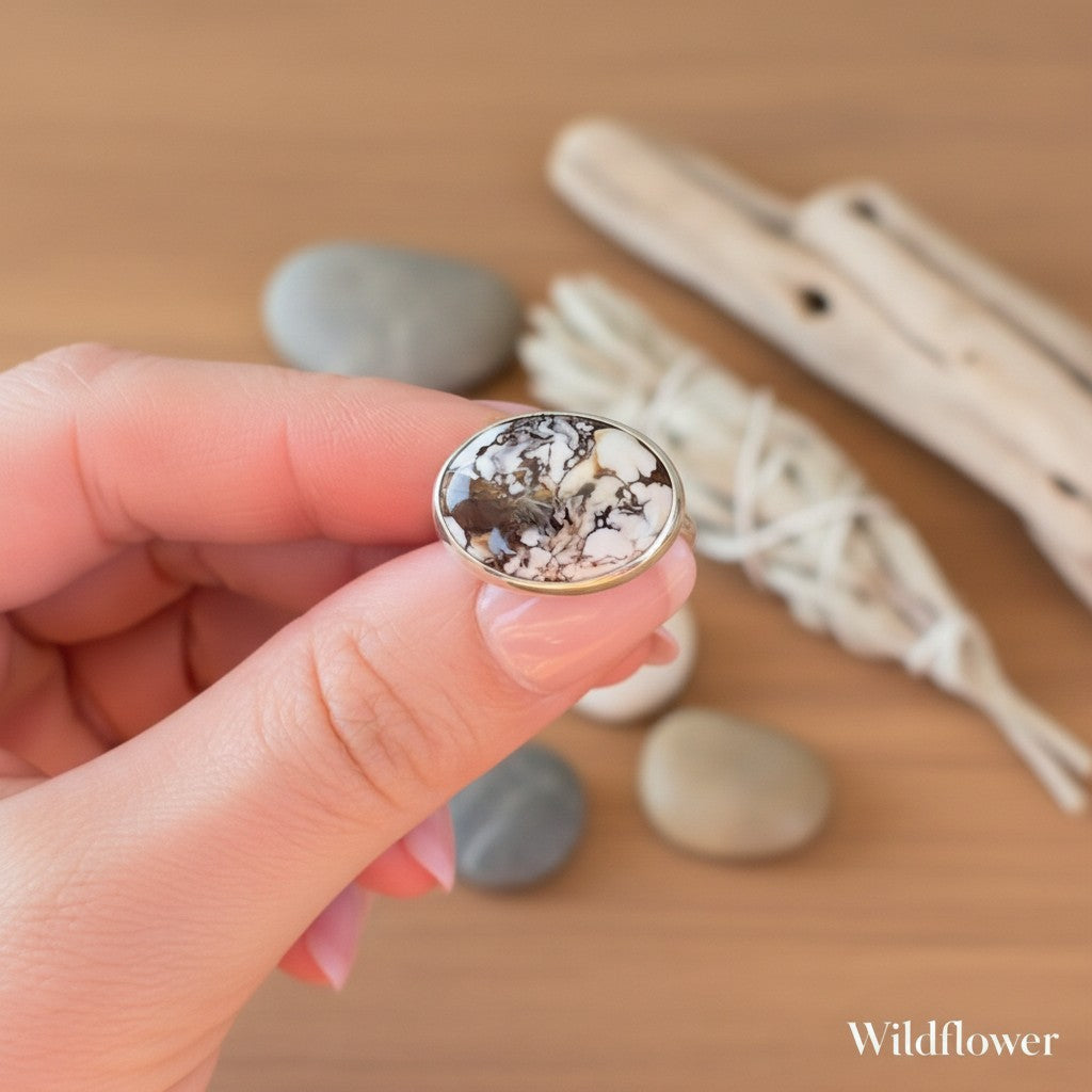 Wildflower Artisans sterling silver ring featuring a natural Wild Horse stone with rust and cream patterns