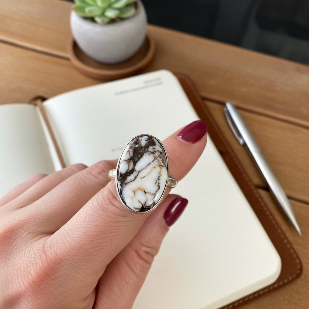 Wildflower Artisans sterling silver ring featuring a 12.5 carat oval Wild Horse magnesite stone in a bezel setting.