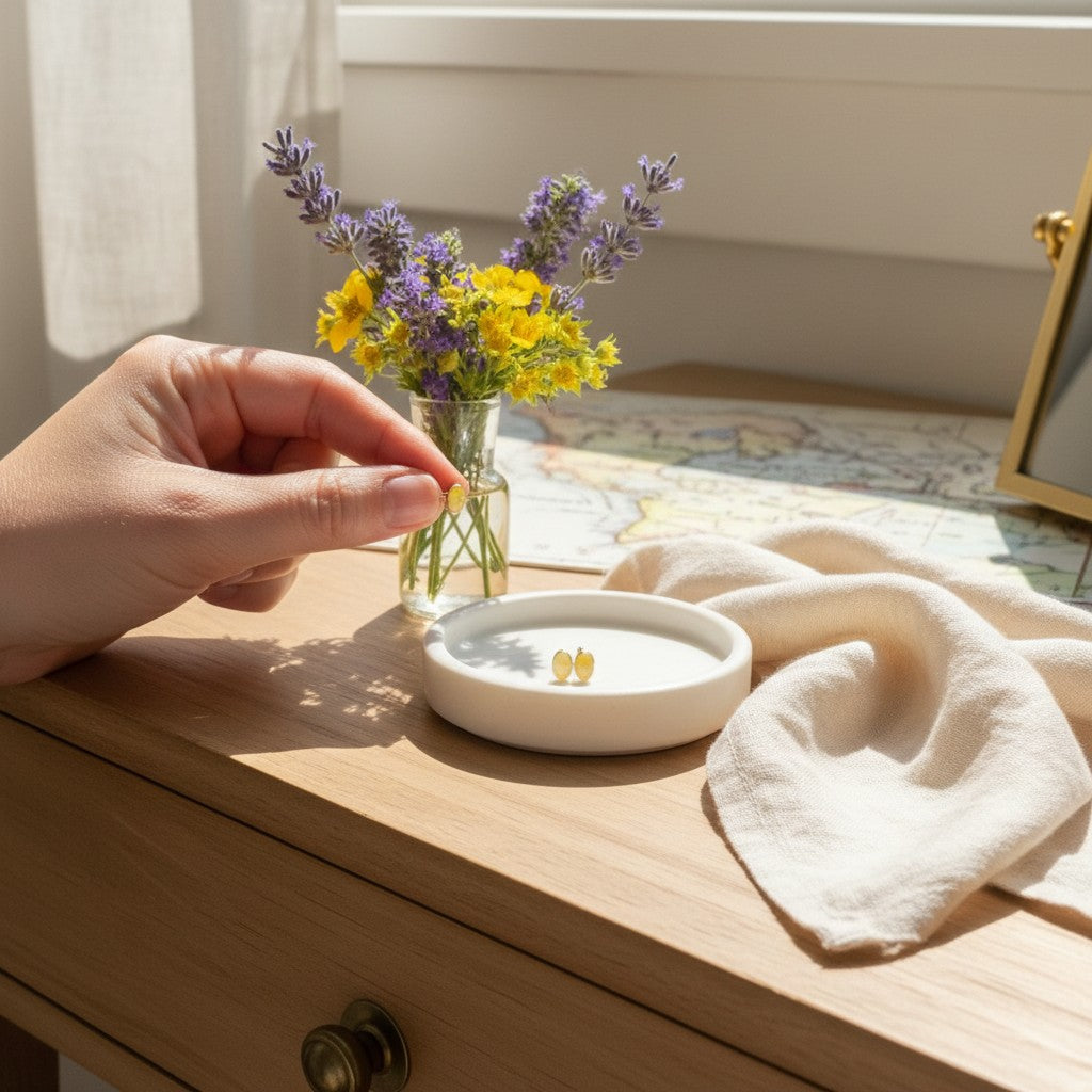 Wildflower Artisans yellow opal stud earrings in 14K gold displayed on a white ceramic dish with wildflowers.