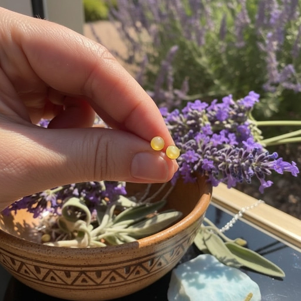 Wildflower Artisans yellow opal stud earrings in 14K gold held by hand against a background of lavender and pottery.