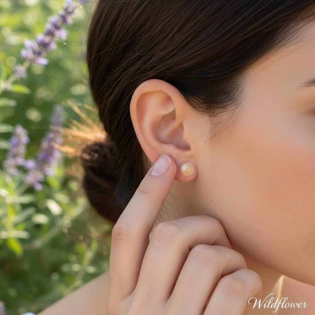 Wildflower Artisans round yellow opal stud earrings set in 14K gold worn by a woman in a garden setting.