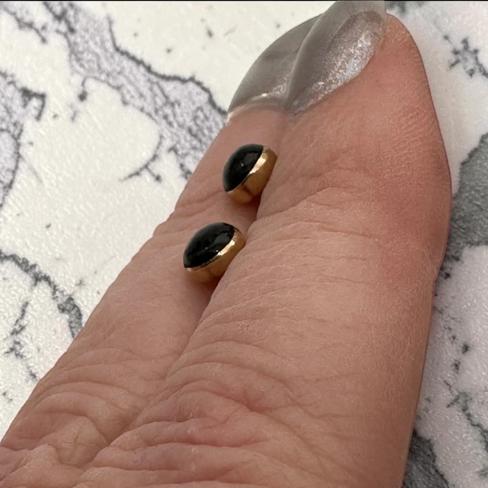 Wildflower dainty 4mm round black onyx stud earrings with 24K gold bezel setting.