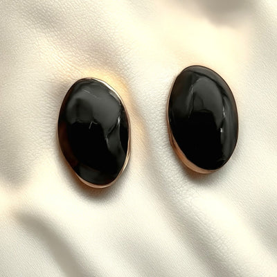 Wildflower black onyx oval stud earrings with 24K gold bezel, 6x4mm polished stones.