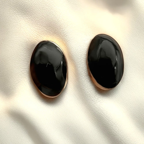 Wildflower black onyx oval stud earrings with 24K gold bezel, 6x4mm polished stones.