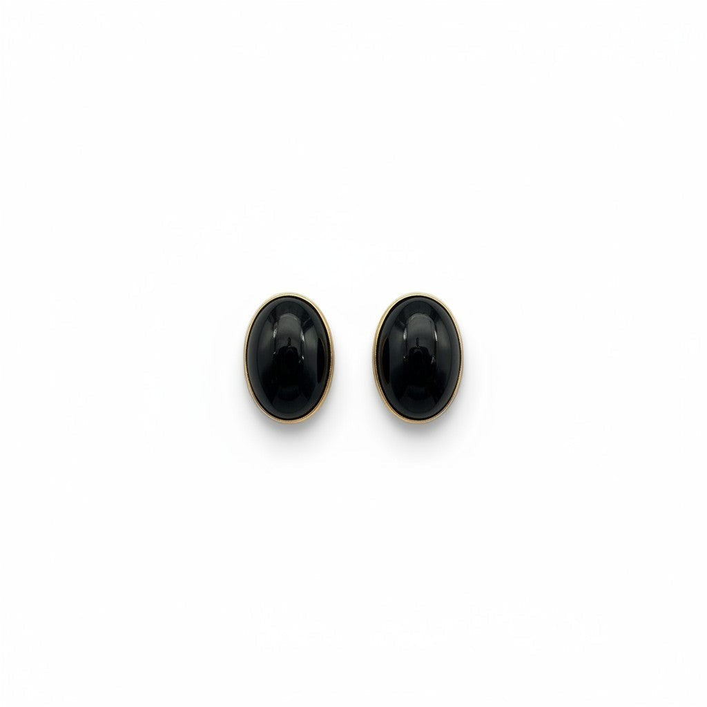 Wildflower oval black onyx stud earrings in 24K gold bezel, 6x4mm. Polished natural stone.