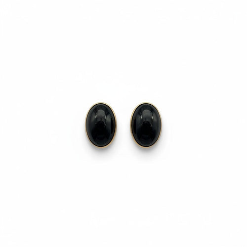 Wildflower oval black onyx stud earrings in 24K gold bezel, 6x4mm. Polished natural stone.