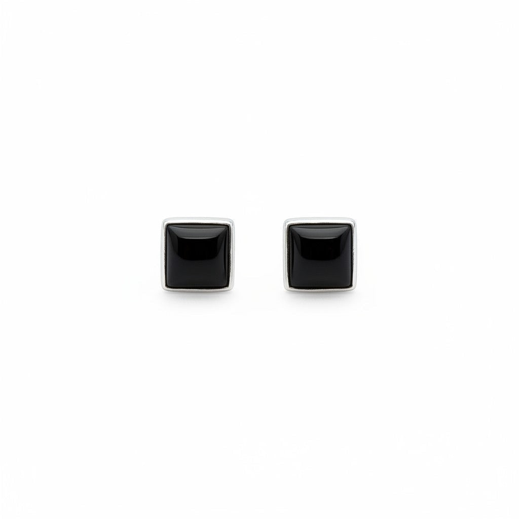Wildflower black onyx square stud earrings in sterling silver. Modern geometric design.