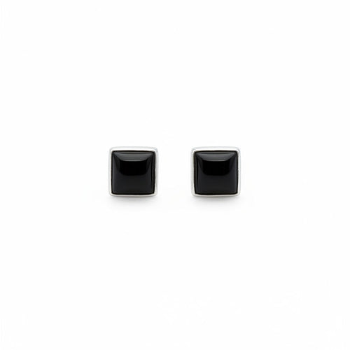 Wildflower black onyx square stud earrings in sterling silver. Modern geometric design.