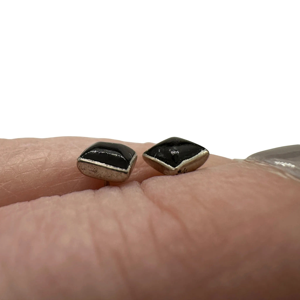 Wildflower black onyx square stud earrings in sterling silver. Modern geometric design, 4x4mm.