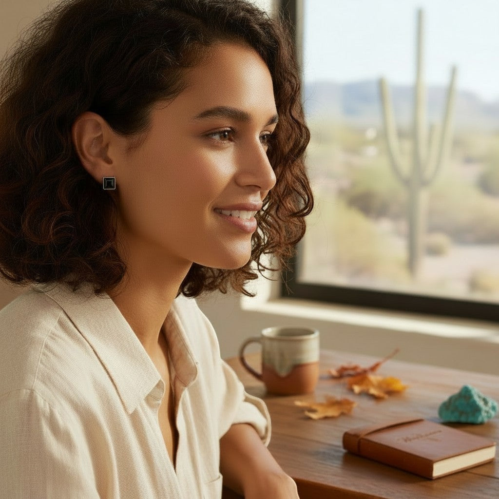 Wildflower black onyx square stud earrings in sterling silver, worn by a woman with curly hair.