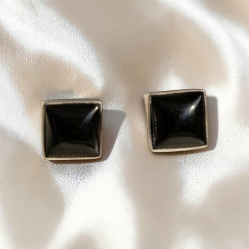 Wildflower black onyx square stud earrings in sterling silver. Modern geometric design.