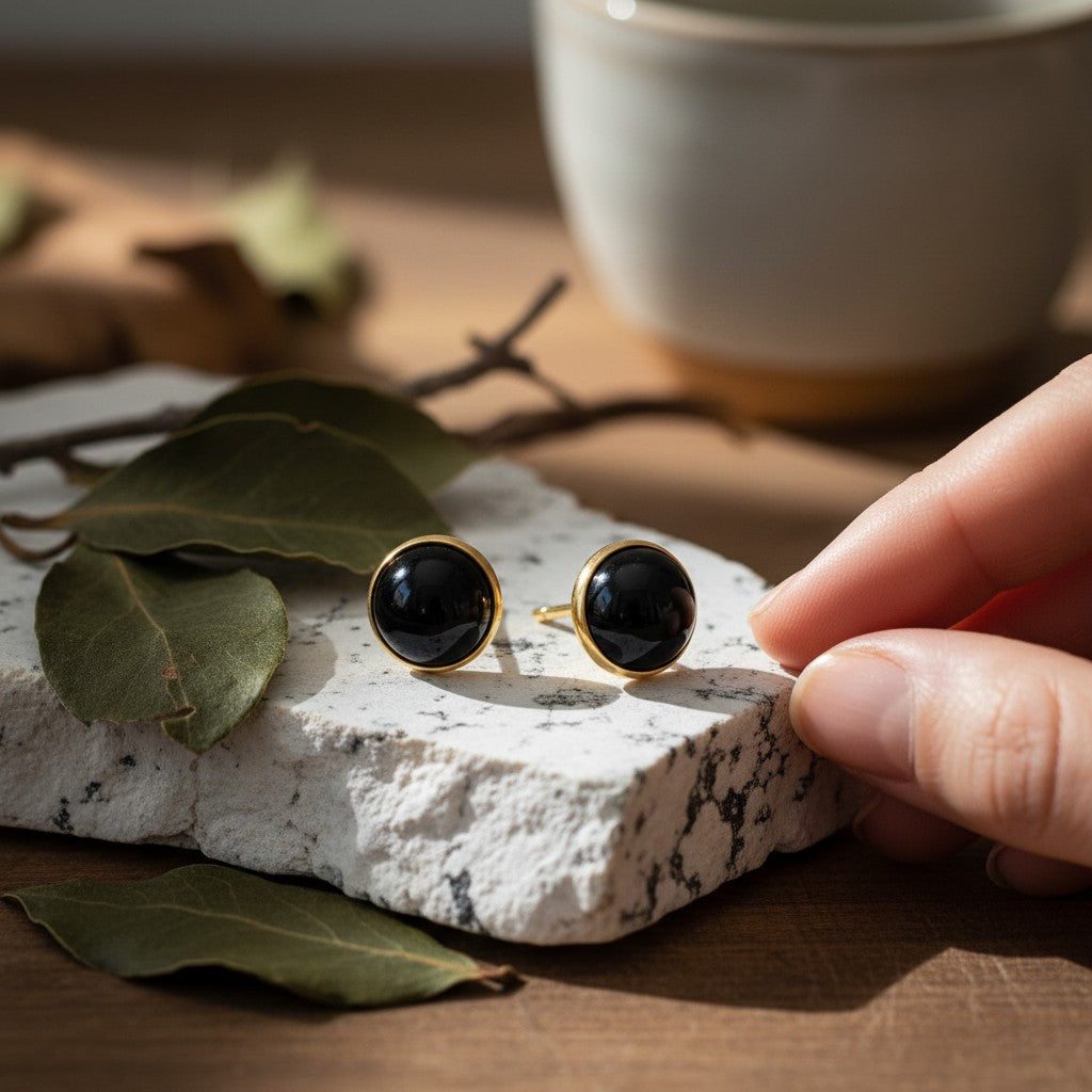 Wildflower dainty round black onyx stud earrings in 24K gold bezel, 4mm