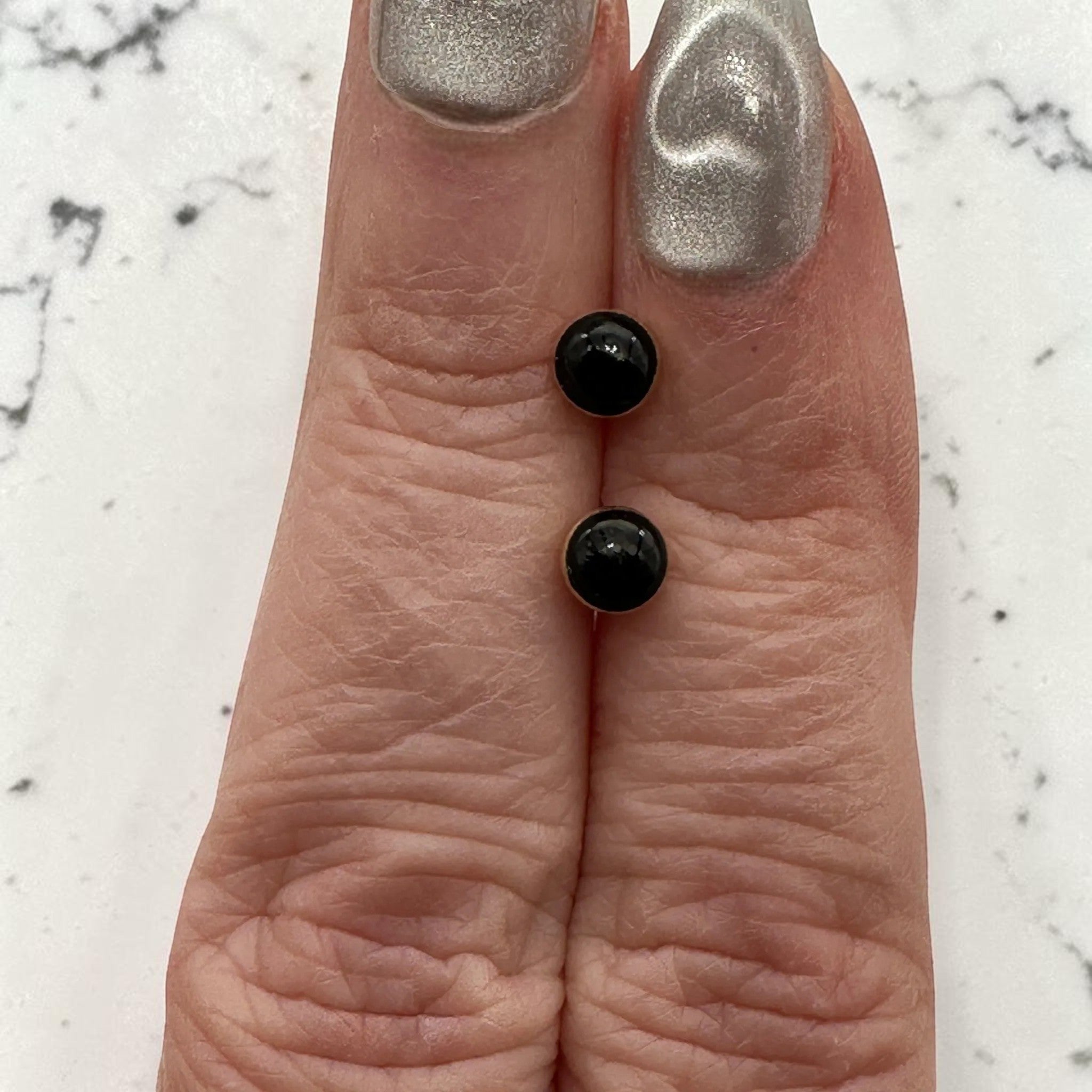 Wildflower dainty round black onyx stud earrings in 24K gold bezel, 4mm