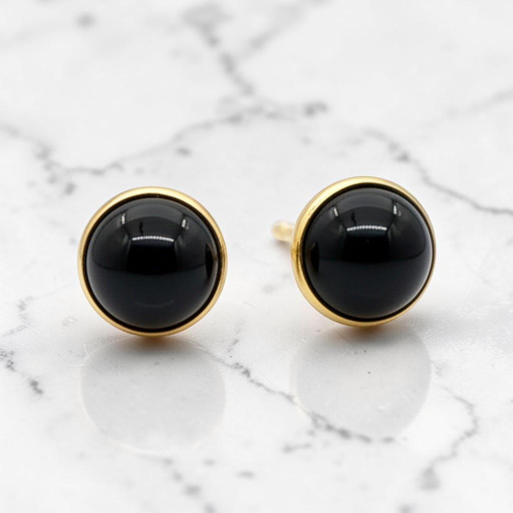 Wildflower dainty round 4mm black onyx stud earrings in 24K gold bezel setting.